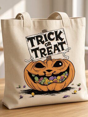 Trick or Treat Halloween Canvas Tote Bag Jack-o-Lantern Candy Bag Reusable